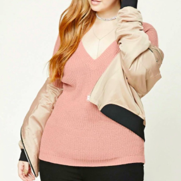 Forever 21 Fall Winter Ribbed V-Neck Peach Pink Long Sleeve Sweater Plus Size 0X - Picture 1 of 12